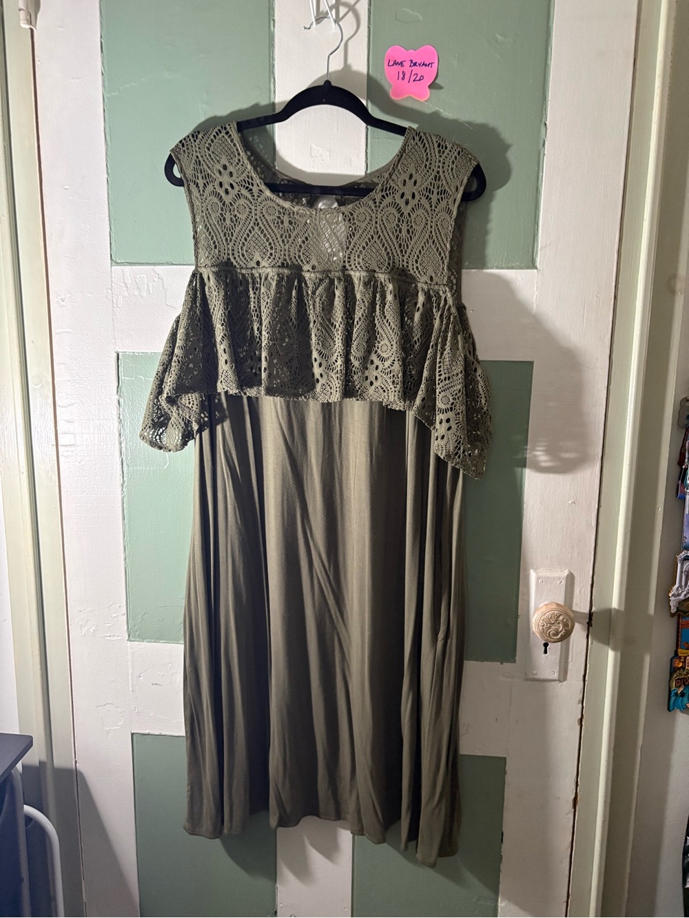 Lace Overlay Cold Shoylder Olive Green Women’s Dress w/pockets